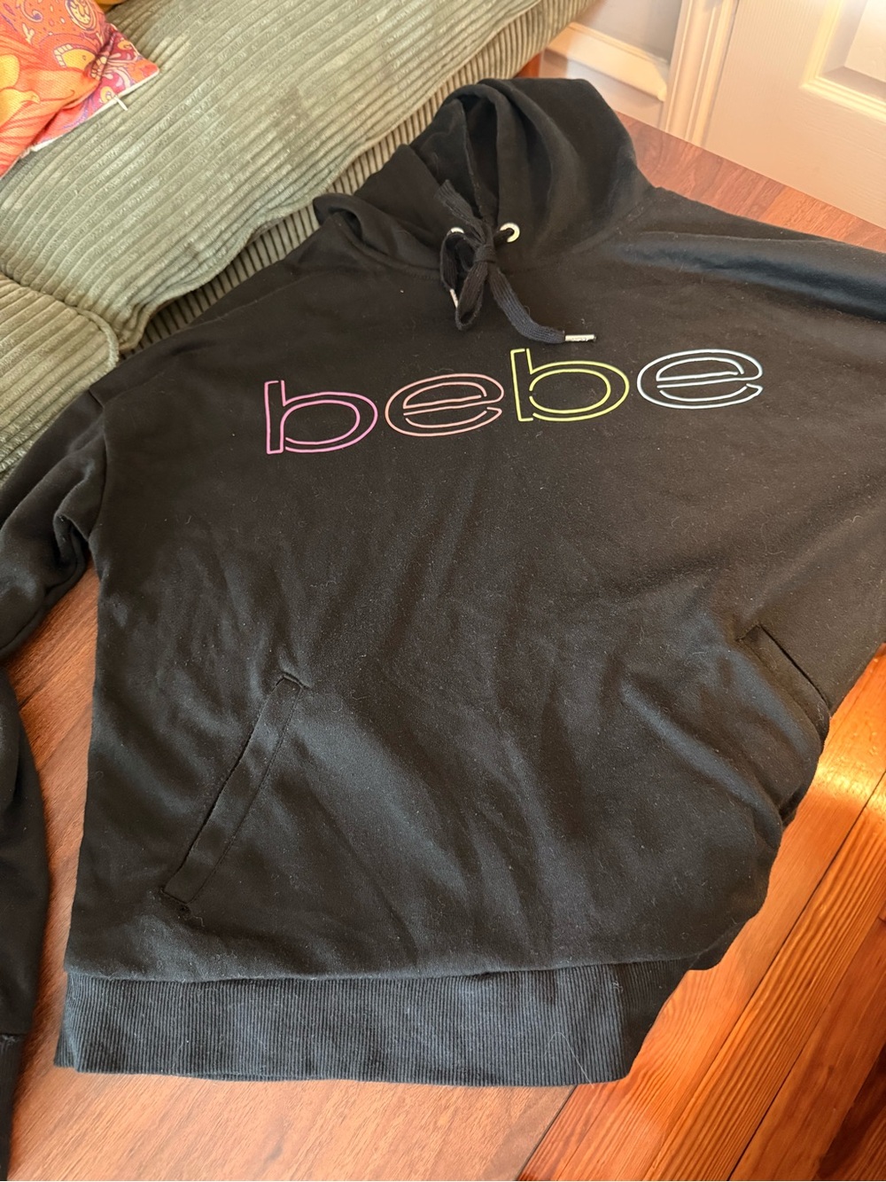 bebe Black Crewneck Hoodie with Multicolor Logo